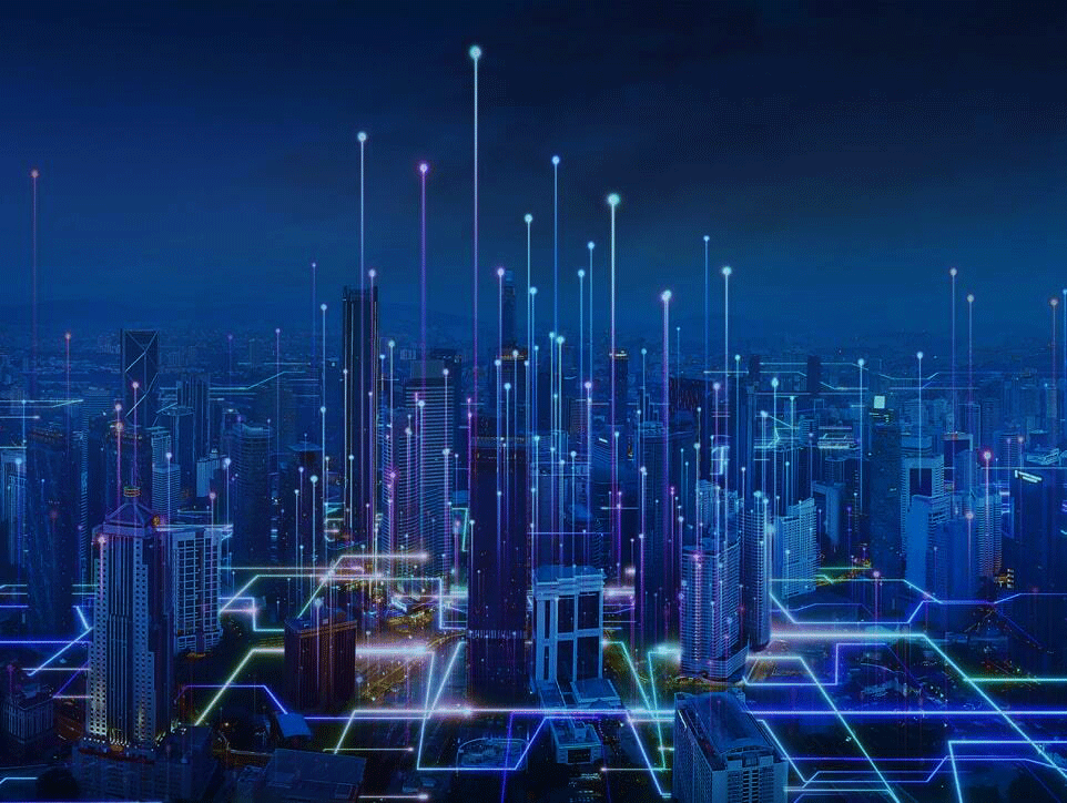 Futuristic cityscape at night with lines crossing the path of streets and the height of buildings