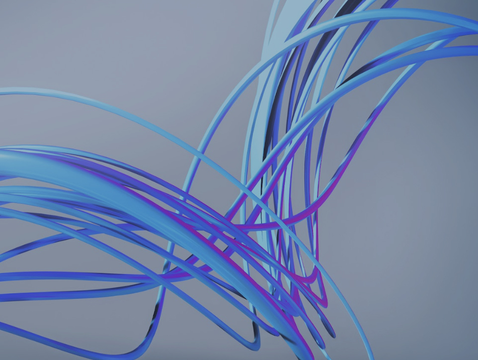 A 3D rendered image of a blue abstract sculpture made up of multiple curved lines that intertwine with each other. The lines are varying shades of blue and are semi-transparent.